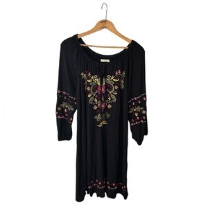 Caite | Women’s Black 3/4 Balloon Sleeve Multicolor Embroidered Mini Dress Sz M